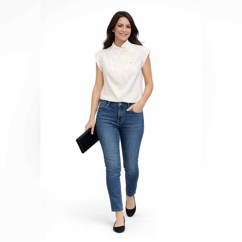 Rebecca Minkoff Ivory Mandarin Collar Cap Sleeve Blouse with Button-Front Detail